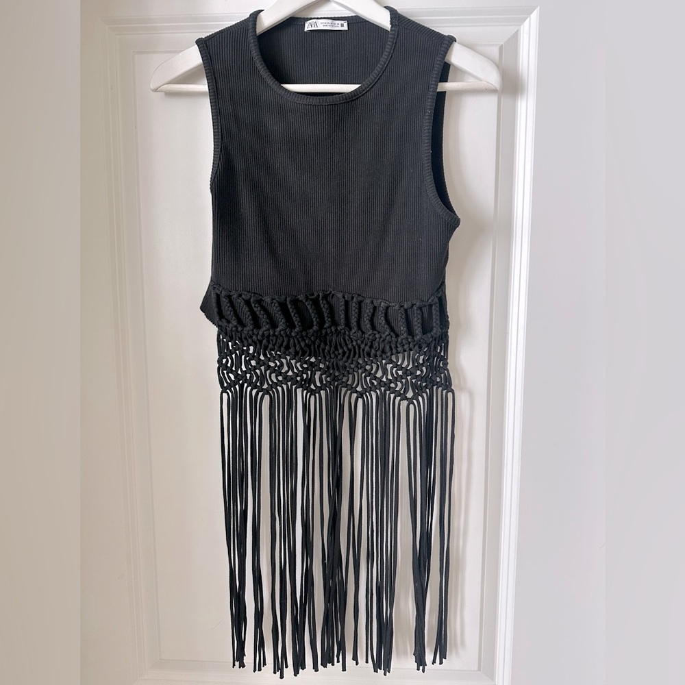 Zara black macrame fringe Top